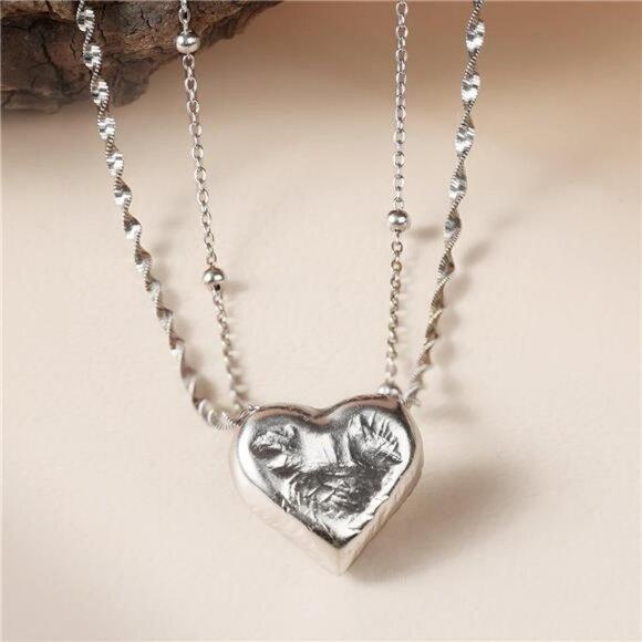 Sterling Silver Heart Pendant Necklace Layered Chain Dainty Jewelry Gift for Wom - Picture 2 of 7